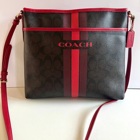 COACH Signature Leather Racing Stripe, Brown and Red, AUTHENTIC Crossbody - Picture 1 of 16